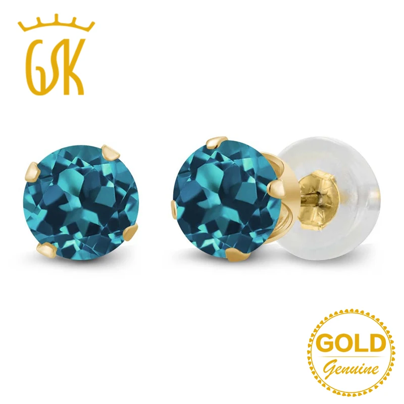 

GemStoneKing Real 14K Yellow Gold Fine Jewelry 1.10 Ct 5mm Round Natural London Blue Topaz 4-prong Stud Earrings For Women