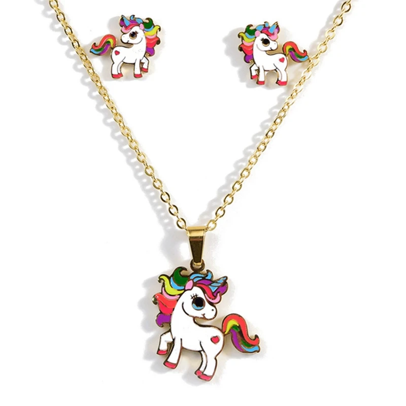 

2019 Cartoon Cute Pink Horse Unicorn Design Enamel Stainless Steel Gold Color Necklaces earring Set Fashion Jewelry Kids Gift