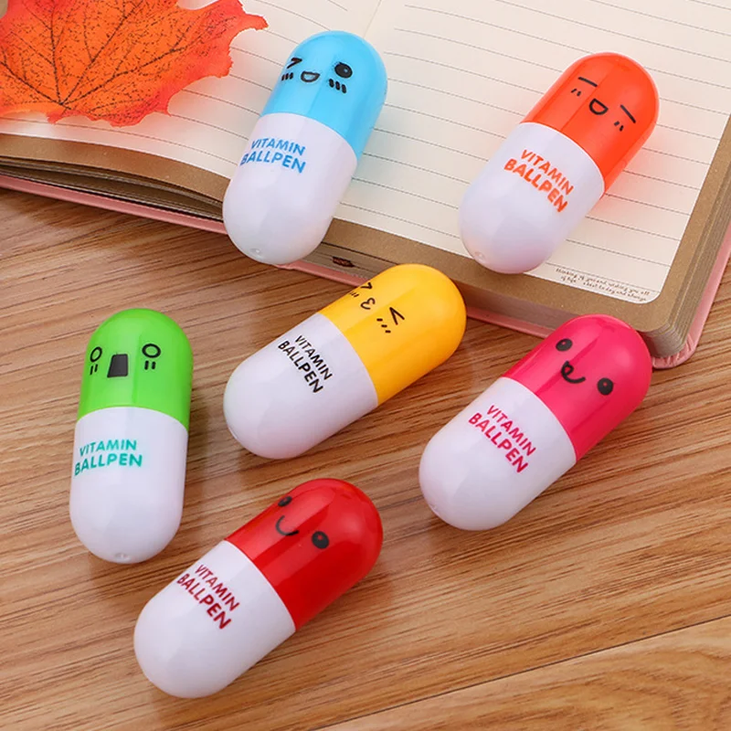 

60 Pcs Cute Pill Ballpoint Pen Student Stationery Cartoon Expression Telescopic Capsule Pen Kawaii School Supplies
