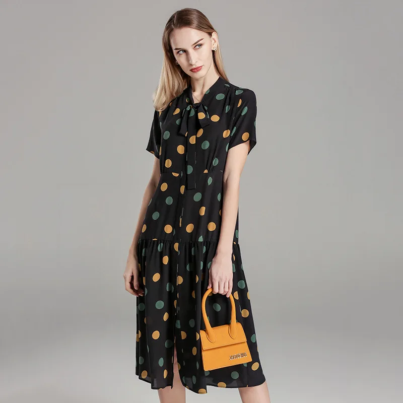 Women Midi Dresses Vintage Dot Print Summer Dress Silk Bow Neck Short Sleeve Dress Office Lady Casual Loose Vestidos Plus Size