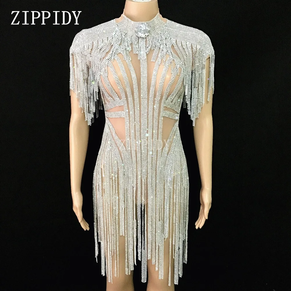 Sparkly Silver Tassel Bodysuit Women Birthday Celebrate Costume Female Singer Bling Tassel Bodysuit Performance Dance Wear