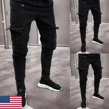 Mens Comfy Stretch Skinny Denim Jeans Pleated Cargo Pants Men Skinny Jeans Frayed Destroyed Trousers Casual Denim Pants Slim Fit