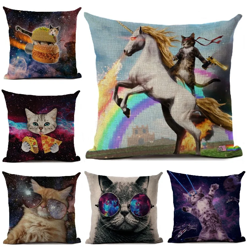 Unicorn Pillow Cover Funny Cat Printed Linen Cushion Cover Car Sofa Throw Pillows Cover Decorative Pillowcase 4545cm