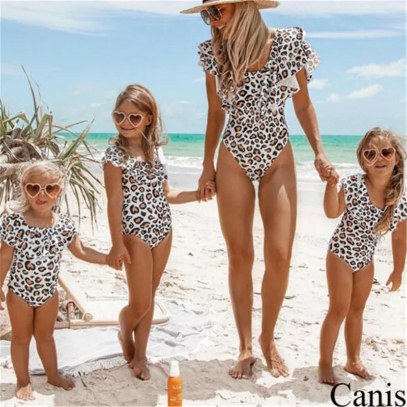 

Family Matching Bathing Suits One Piece Swimsuit Women Girls Sleeveless Leopard Print Swimwear Bikini 2019 Mommy And Me Clothes
