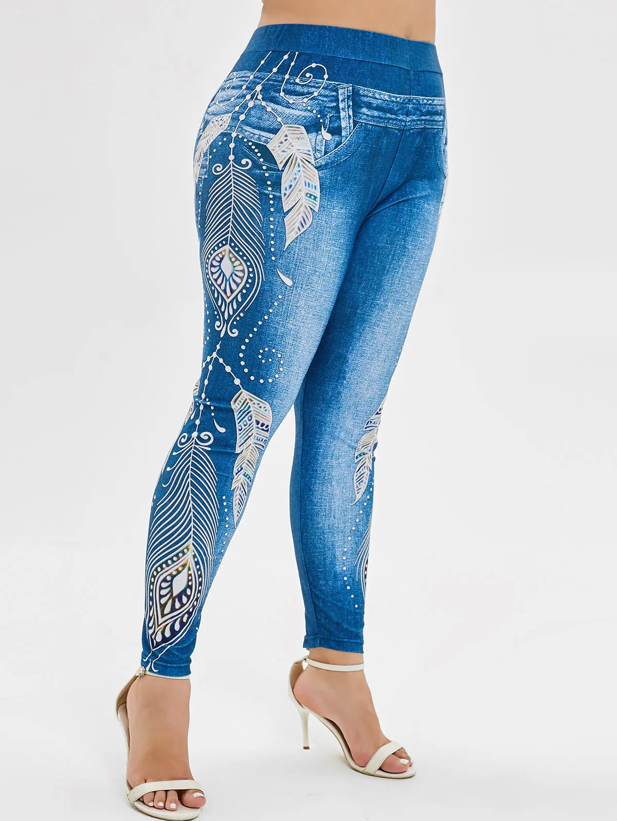 ROSEGAL плюс размер 5XL 3D Длинные голубой джинс деним леггинсы с принтами женские большие размеры Фитнес Джеггинсы на шнуровке обтягивающие леггинсы - Цвет: Multi