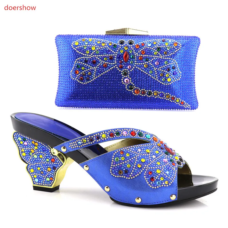 

doershow African Women Italian Shoes and Bag Set Decorated with blue African Shoes and Bag Set for Party In Women!HV1-52