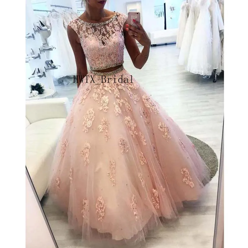 

Coral Ball Gown Quinceanera Dresses 2019 Vestidos de 15 anos Lace Appliques Crystals Two Pieces Tulle Puffy Sweet 16 Prom Dress