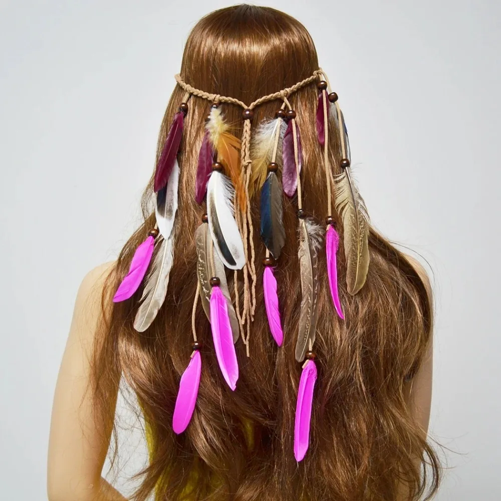 

Indian Tribal Headband Hair Accessories Jewelry Festival Women Adjustable Headdress Boho Peacock Feather Hippie Hair Band