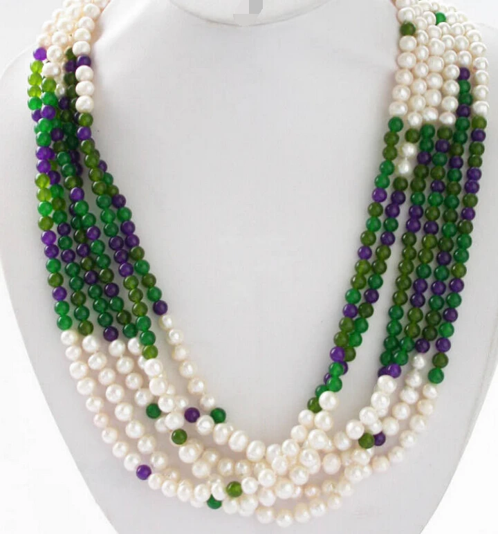 

huij 001598 Great 6row 25" round white Freshwater pearl 6mm jade amethyst bead necklace 5.3