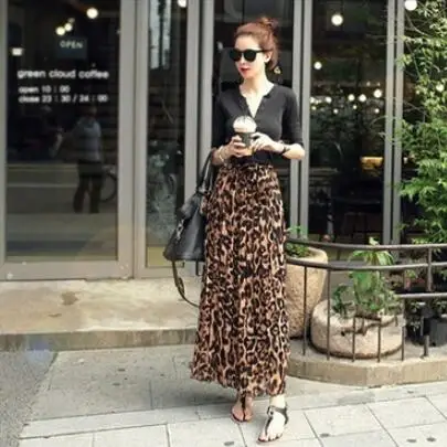

2019 Women Summer Beach Leopard Chiffon Max Skirt Pleated Long Skirt Ladies Elastic Waist Long Skirt DV801