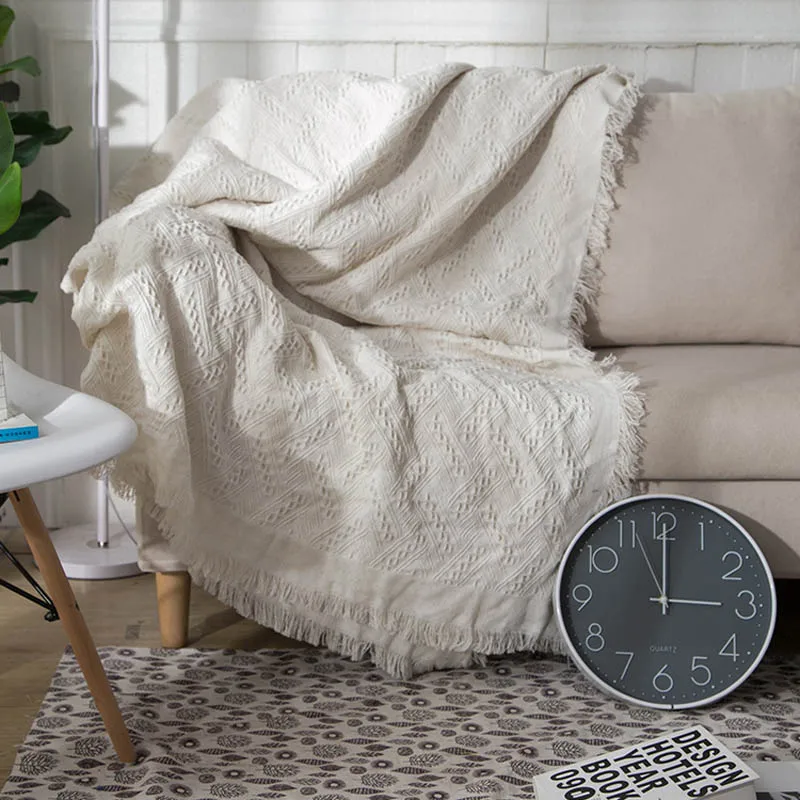 

Cotton White Knit Thread Blanket on the Bed Sofa European Sofa Cover Slipcover with Tassel Home Decorative Wall Hanging Tapestry
