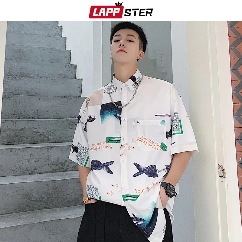 LAPPSTER, летняя Гавайская Мужская рубашка с белой рыбкой,, мужская повседневная рубашка с коротким рукавом, Мужская Корейская винтажная рубашка на пуговицах, Корейская, XL
