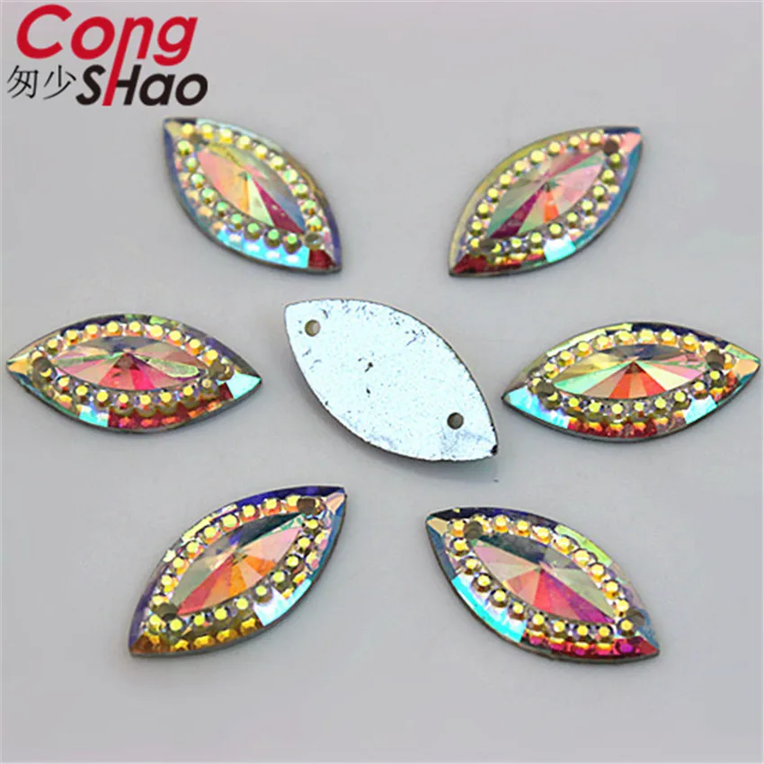

Cong Shao 200pcs 9*18mm AB Color Horse eye Resin Rhinestone Crystal Flat Back beads DIY Clothing Accessories Sew on 2 hole CS303