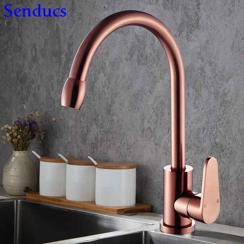 

Senducs Rose Gold Kitchen Faucets Single Hole Single Handle Space Aluminum Kitchen Sink Faucet Hot Cold Gold Kitchen Water Tap