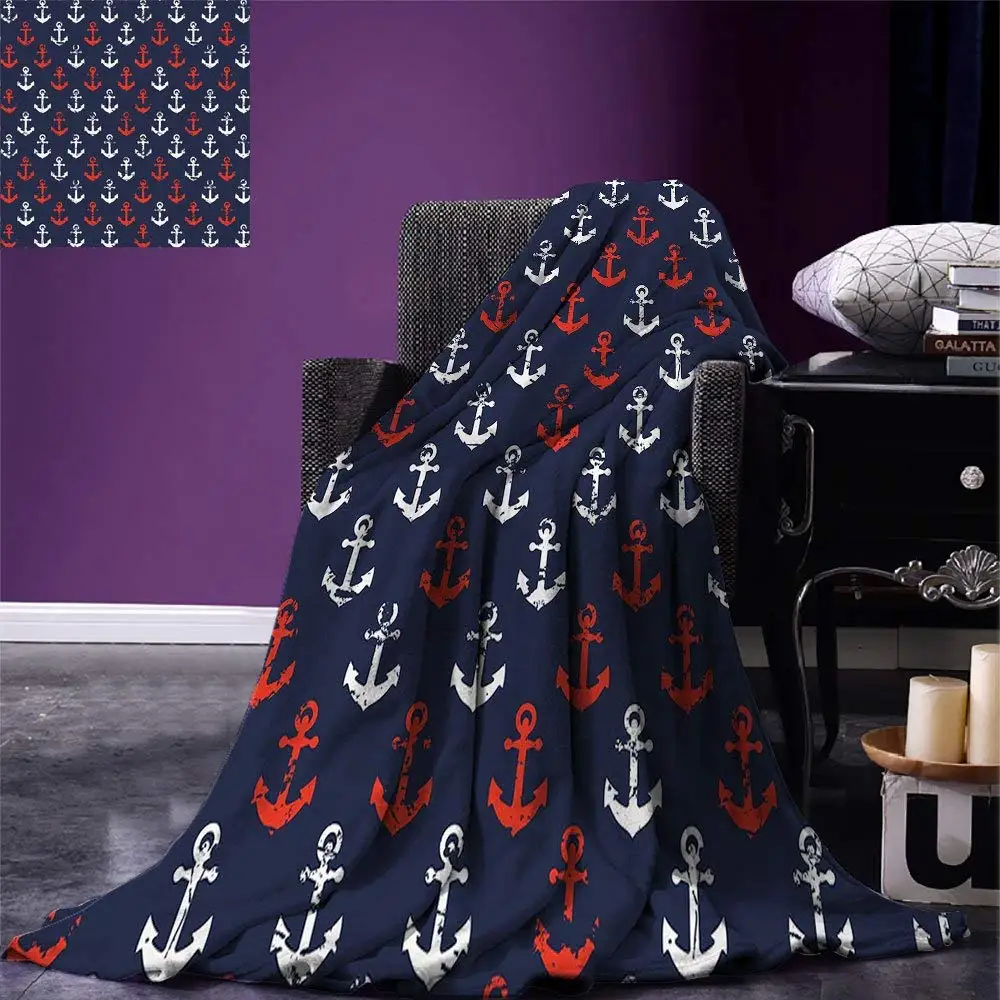 

Anchor Throw Blanket Abstract Sea Theme with Grunge Display Worn Looking Marine Icons Warm Microfiber