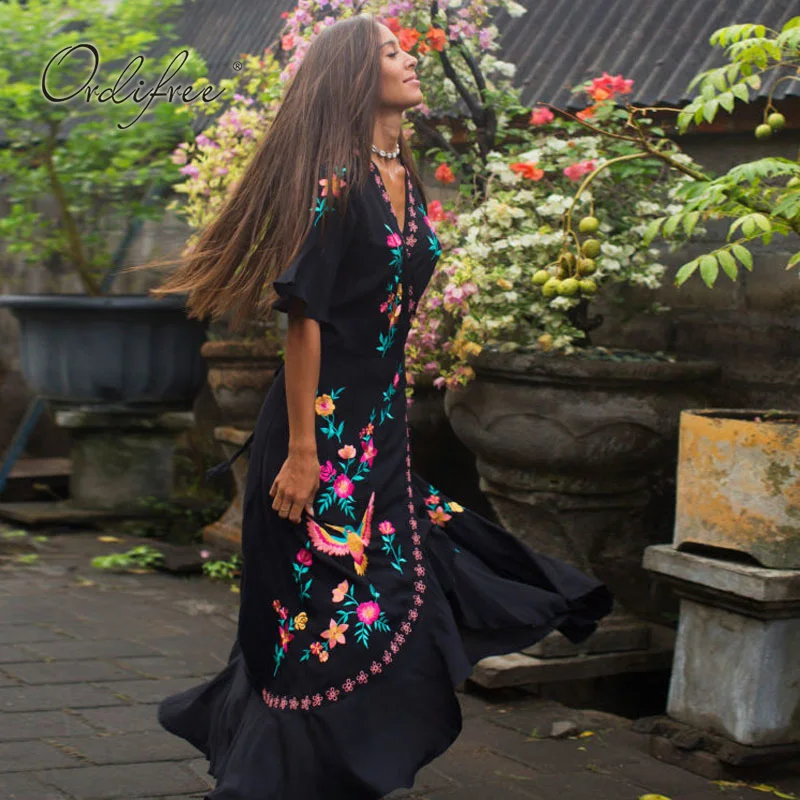 

Ordifree 2019 Summer Boho Women Embroidery Long Dress Bohemian Ruffle Floral Embroidered Vintage Maxi Dress Holiday Clothes