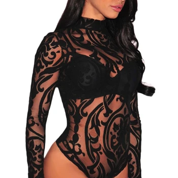 

New Sexy See-through Mesh Long Sleeve High Neck Bodysuit Leotard Top Jumpsuits For Women