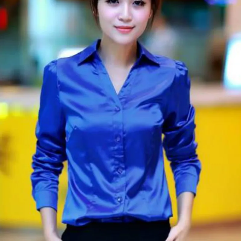 2017 Spring long sleeve blue satin blouses women white silk shirts