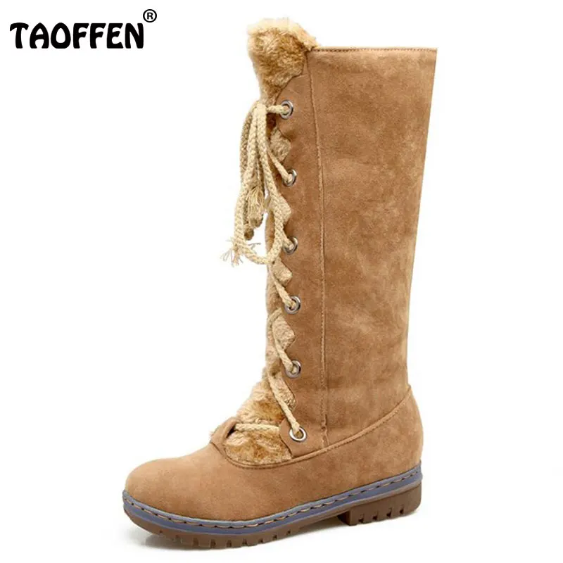 

TAOFFEN Size 34-43 Women Mid Calf Flats Boots Cross Strap Short Boots With Fur Shoes Winter Snow Botas For Women Footwears