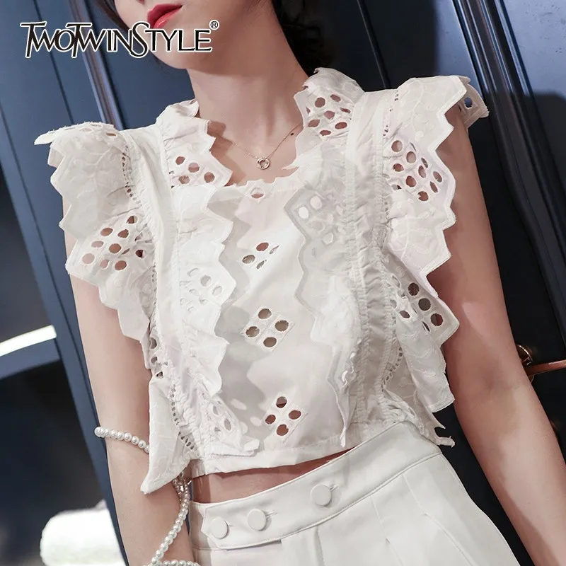 

TWOTWINSTYLE Casual Hollow Out Women T Shirt Square Collar Sleeveless Off Shoulder Ruffles Bowknot Crop Tops Female Summer 2019