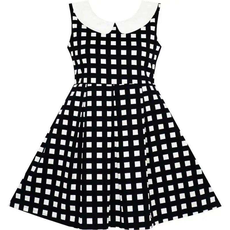 Sunny Fashion платья для девочек платье Отложной воротник Клетчатый Черный Белый Лето