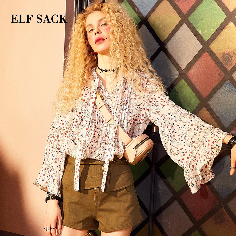 

ELF SACK Skinny Women Summer Chiffon Boho Floral Blouses Womens Vintage Flare Sleeve Ruffles Elegant Holiday Casual Shirts Tie
