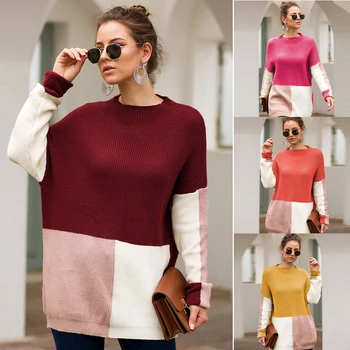 

modis patchwork jumper sweater women korean style o neck long pullover pull winter clothes womens tops and blouses sweaters