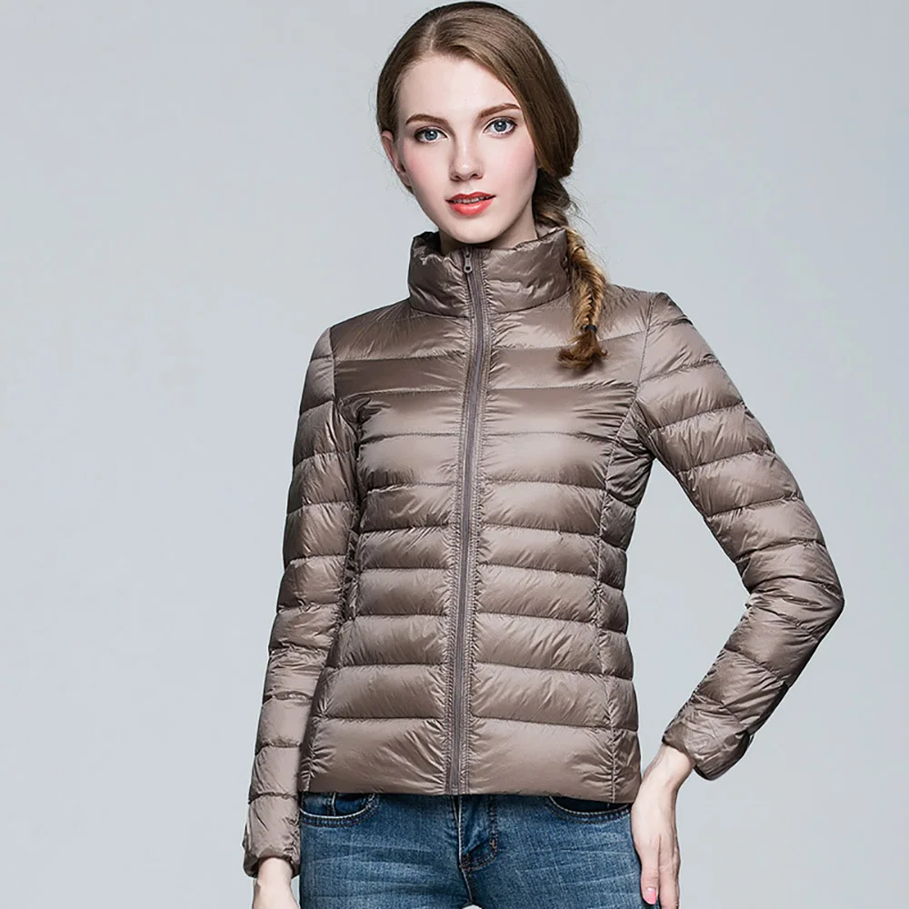 Зимний женский ультра легкий пуховик, 90% утиный пух, куртки, пальто для женщин, тонкий, длинный рукав, теплая парка, на молнии, пальто с карманами