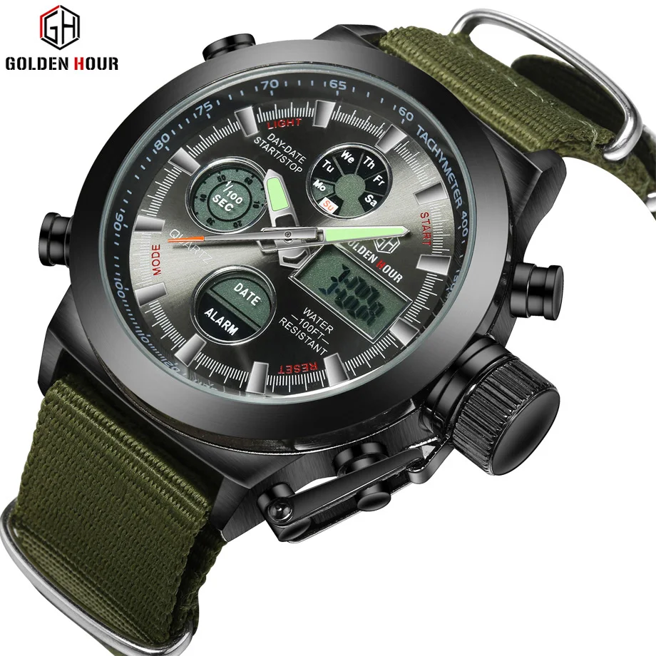 Fashion Army Cool Men Military Watch Canvas Strap Hours Steel Case 30ATM Waterproof Stop Watches Sports