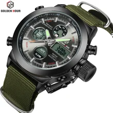 Armée de mode Cool Hommes Militaire Montre Bracelet en Toile Heures Boîtier En Acier Étanche 30ATM Chronomètres Sport Casual LED Numérique Horloge