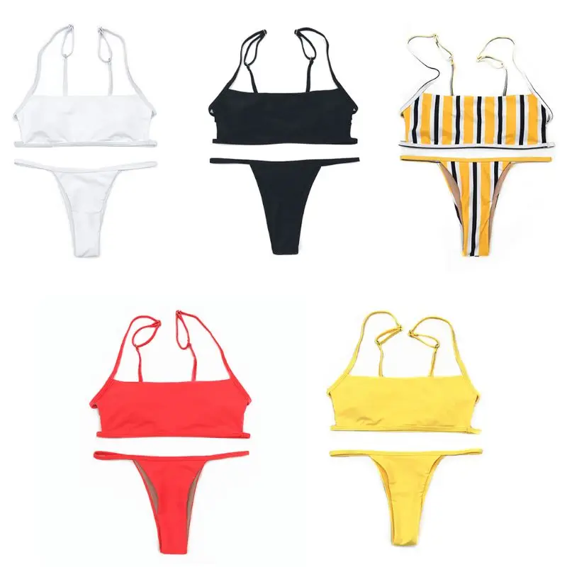 

Women Sexy Two Piece Bikini Set Square Neckline Spaghetti Straps Open Back Bra Low Waist Thong Contrast Color Vertical Stripes