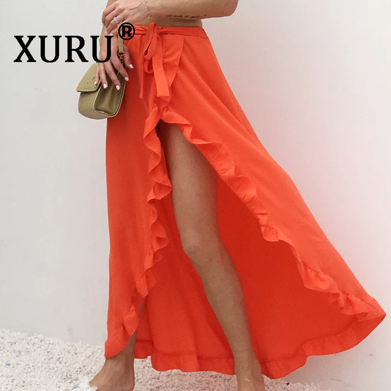 

XURU best selling new ruffled lace-up skirt sexy high cross open holiday beach skirt irregular skirt