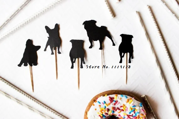 

Silhouette Dog Cupcake Toppers // Pug custom dog breed wedding pet Birthdays baby shower Party treat food picks photo booth prop
