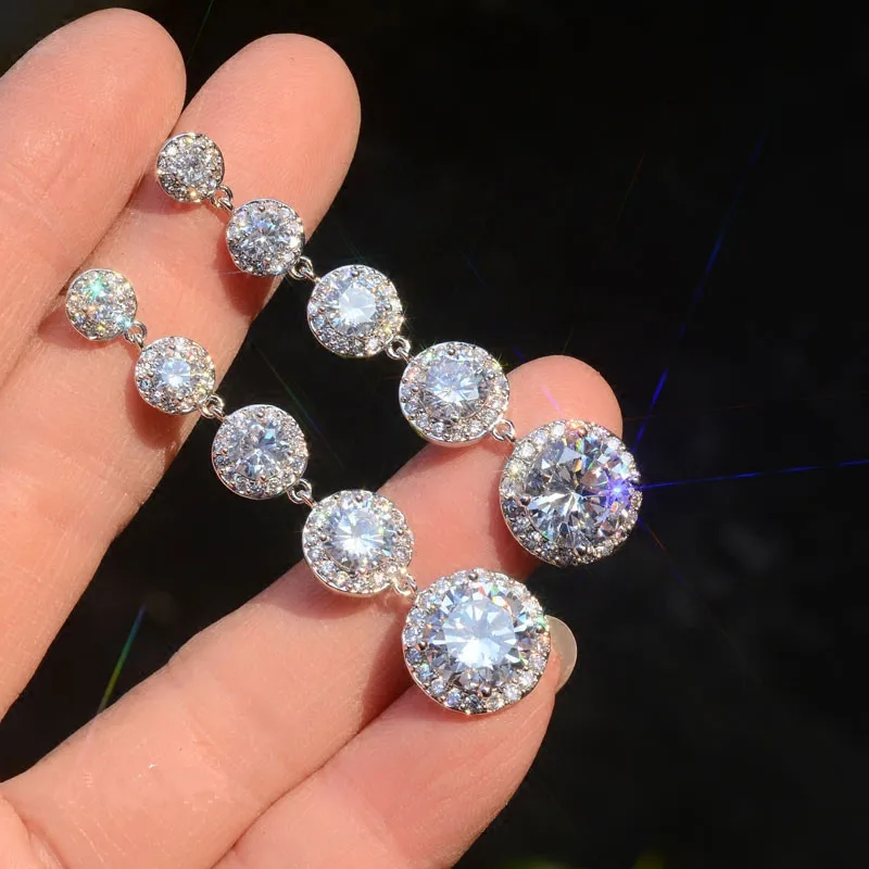 

Fashion Female Crystal Round Drop Earrings With AAA Zircon 925 Sterling Silver Boho Wedding Jewelry Long Dangle Earrings