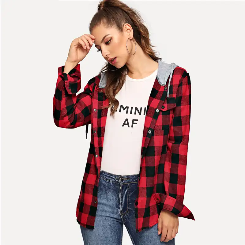 gingham hooded shirt