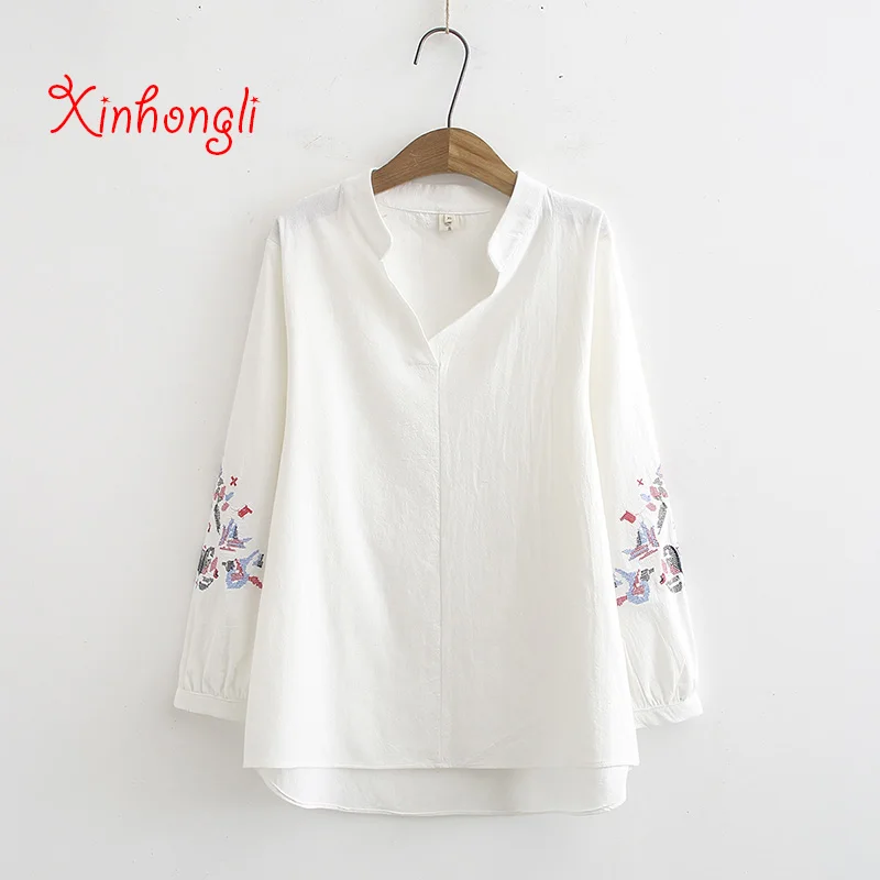 

Plus size Embroidery sleeve stand V-neck collar women loose blouse 2020 NEW spring autumn casual ladies cotton white shirts tops