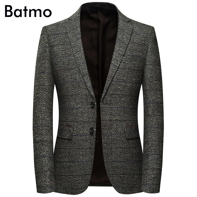 

Batmo 2019 new arrival high quality cotton plaid casual gray blazer men,men's suits jackets ,casual jackets men 8163