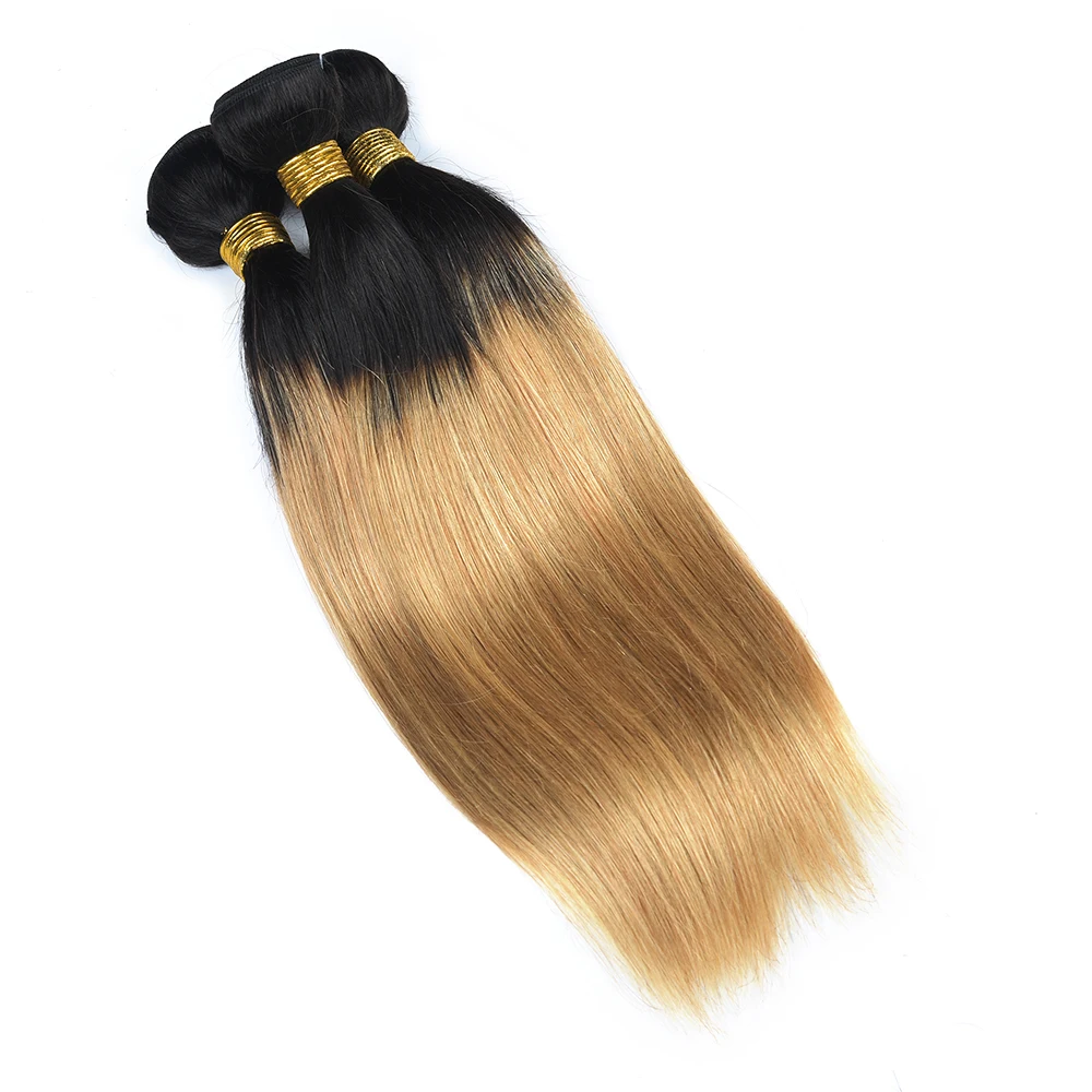 

LINLIN Hair Pre-colored Ombre Blonde Indian Straight Hair Weave 3 Bundles 1b/27 Non Remy Indian 100% Human Hair Rollers