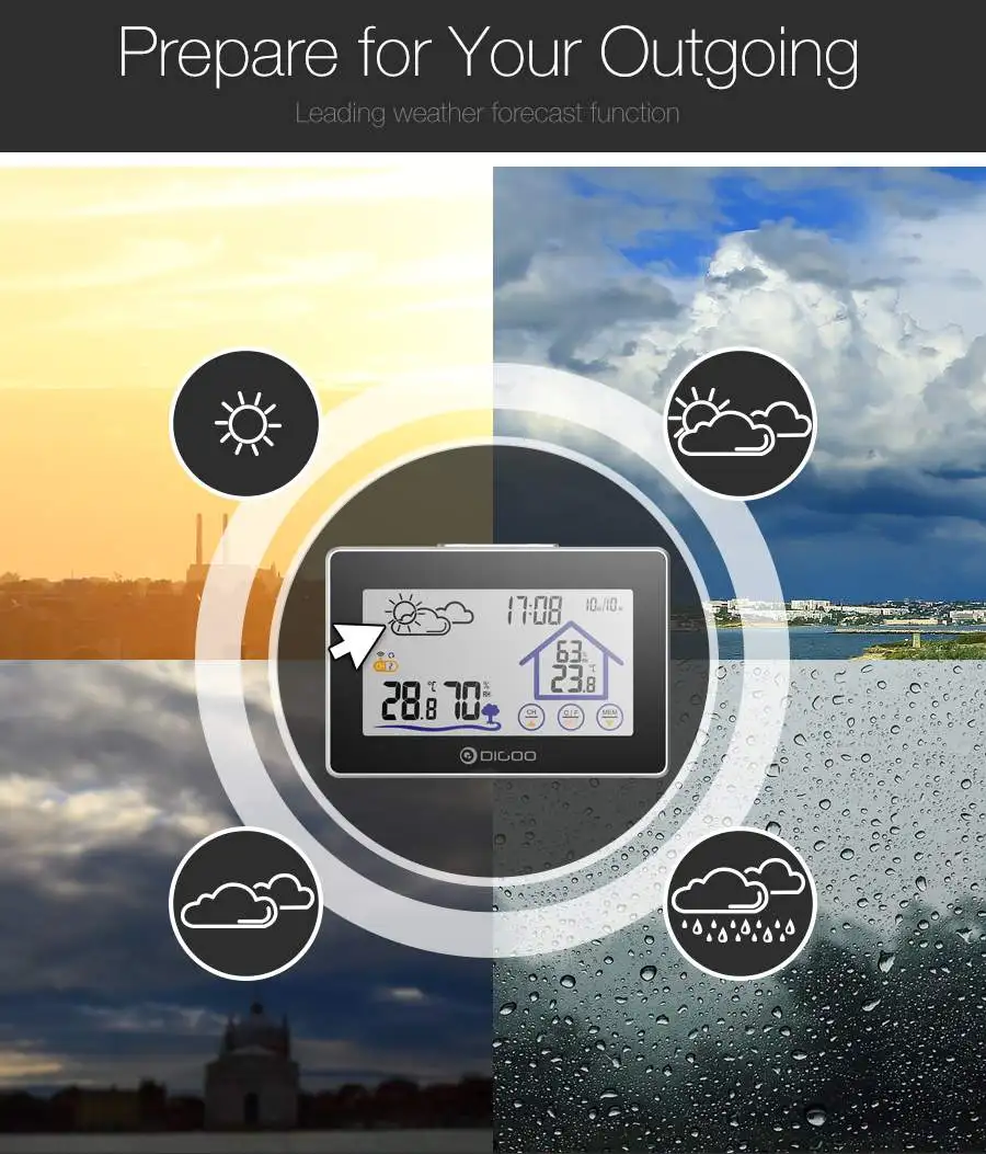 Digoo DG-TH8380 Wireless Touch Screen Weather Station Thermometer Outdoor Forecast Sensor Clock