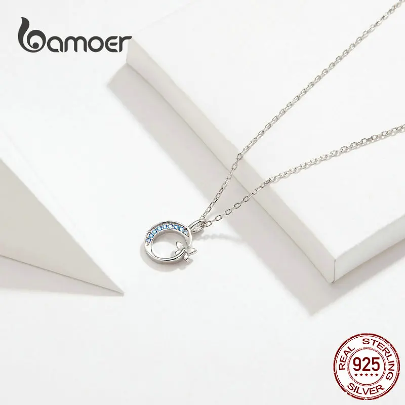 Bamoer, синий круг, подвеска, ожерелье для женщин, Подлинная 925 пробы, серебряная бабочка, дизайн, женская мода, ювелирное изделие, SCN333
