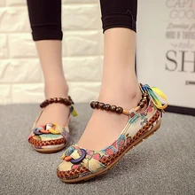 Plus size42 Casual Flat Shoes Women Flats Handmade Beaded Ankle Straps Loafers Zapatos Mujer Retro Ethnic Embroidered Shoes O916