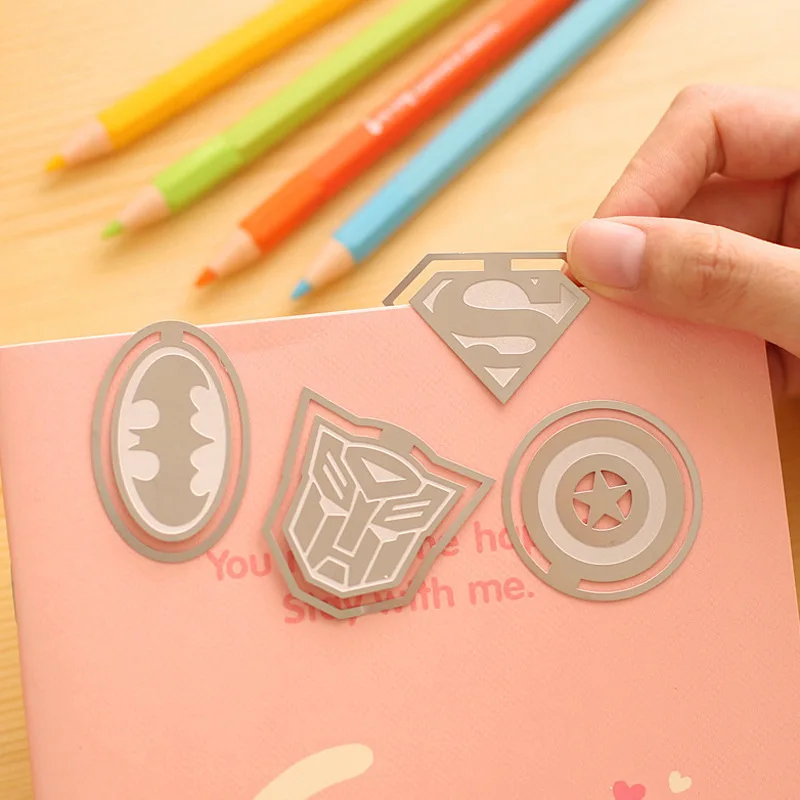 

8 pcs/lot Cartoon Hero series metal bookmarks for books bookmark Page Holder Book marks for Kids office school supply