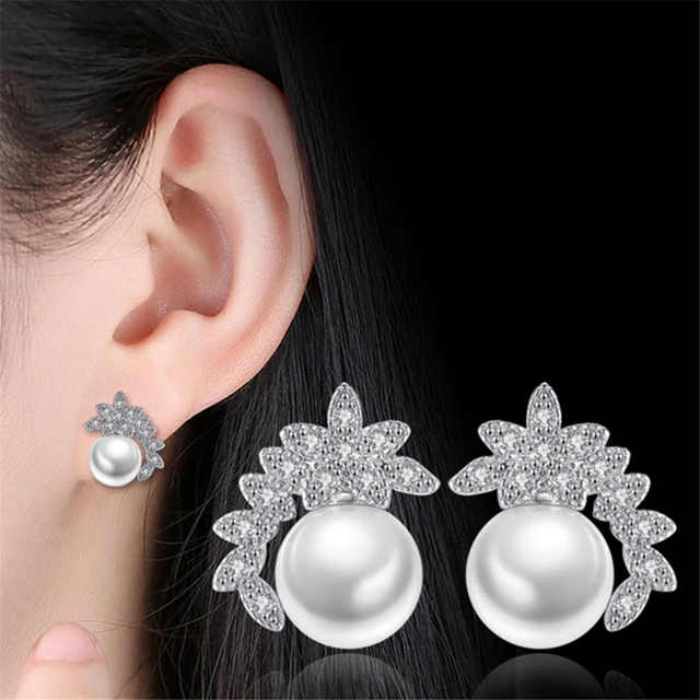 Female Jewelry Sweet Past Leaves Stud Earrings Pearl Female Jewelry Sweet Past Leaves Stud Earrings Pearl Flowers Luxury Cubic Zirconia S Creative