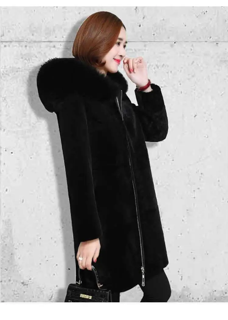 Women Clothes Hooded Large Fur Collar Faux Fur Sheep Shearing Coat Female Long Section Winter Thick Plush Coat Women Coat