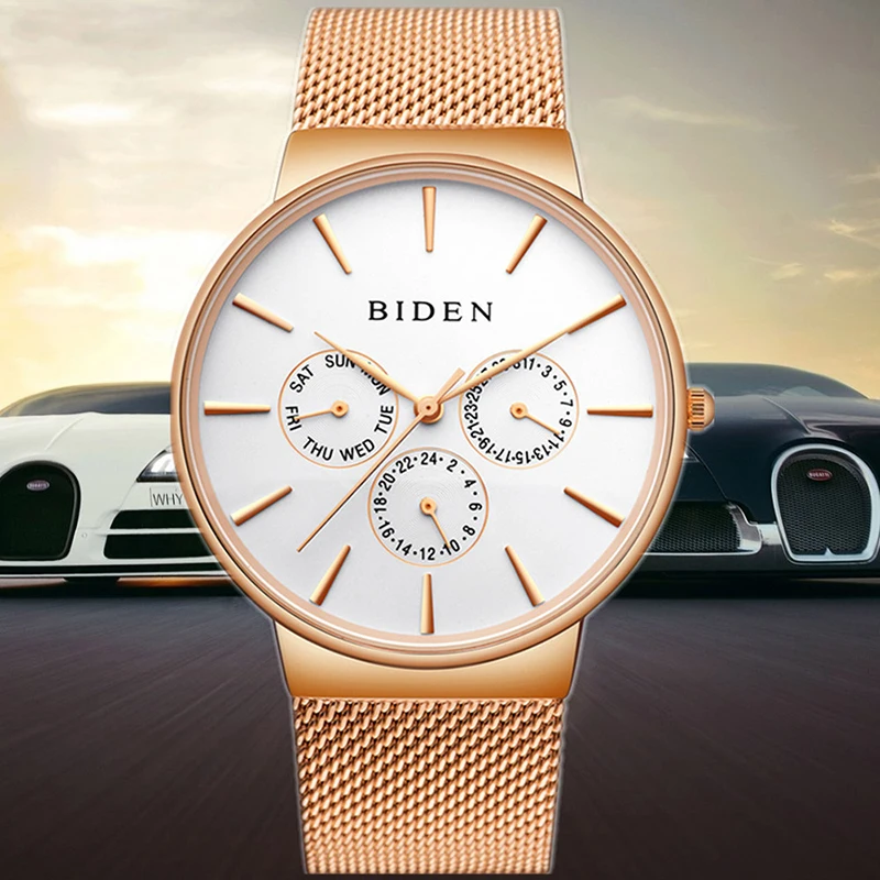 

BIDEN Military Quartz Watch Men Top Brand Luxury Fashion Gold Mesh Sport Wrist watch for Male Clock Stainless Steel Men Watch