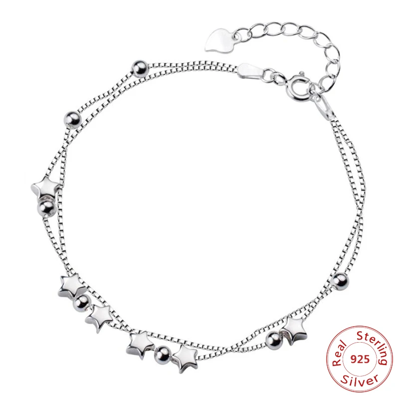 

100% 925 Solid Real Sterling Silver Fashion Double Layer Star Beads Bracelet 16cm For Women Girl Lady Wife Jewelry