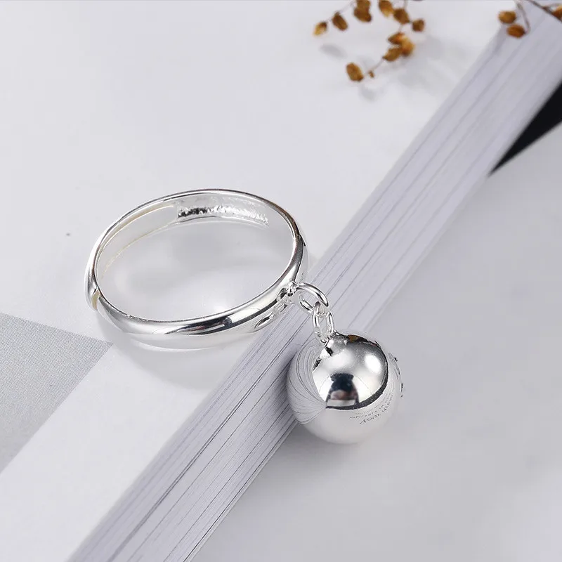 Подлинное 925 пробы Серебряное простое кольцо на палец Круглый Кулон из бисера Открытые Кольца для женщин элегантное Ювелирное кольцо