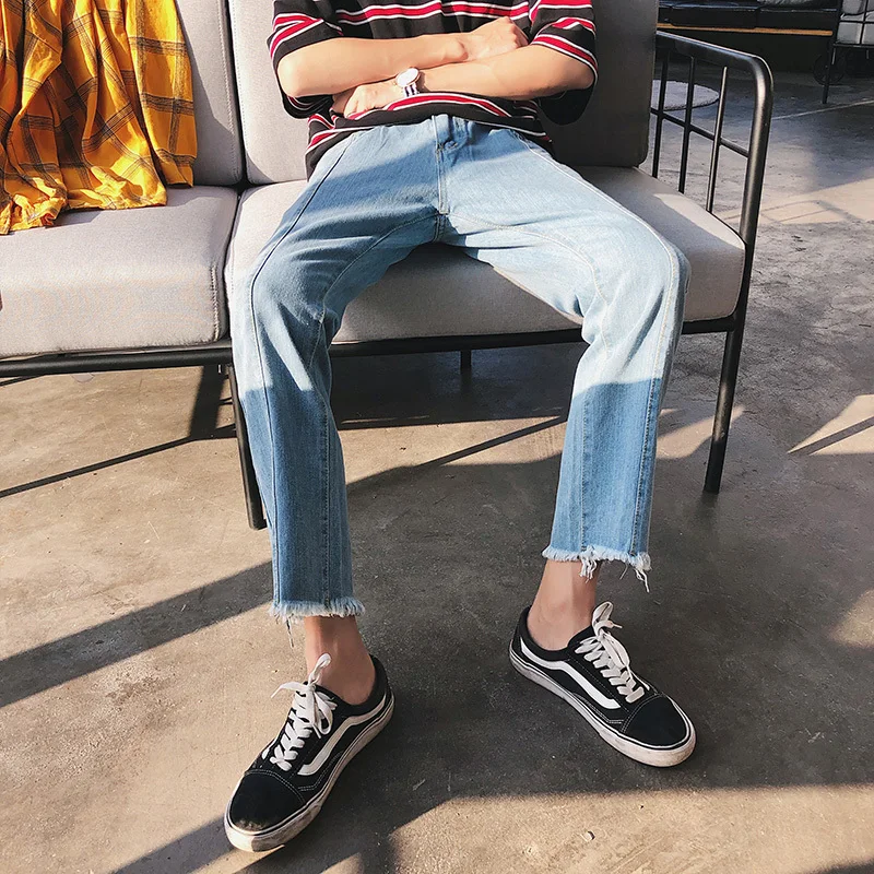 Fashion Casual Men's Jeans Summer And Autumn New S-2XL Nine Pants Versatile Loose Straight Pants Blue Personality Youth Popular