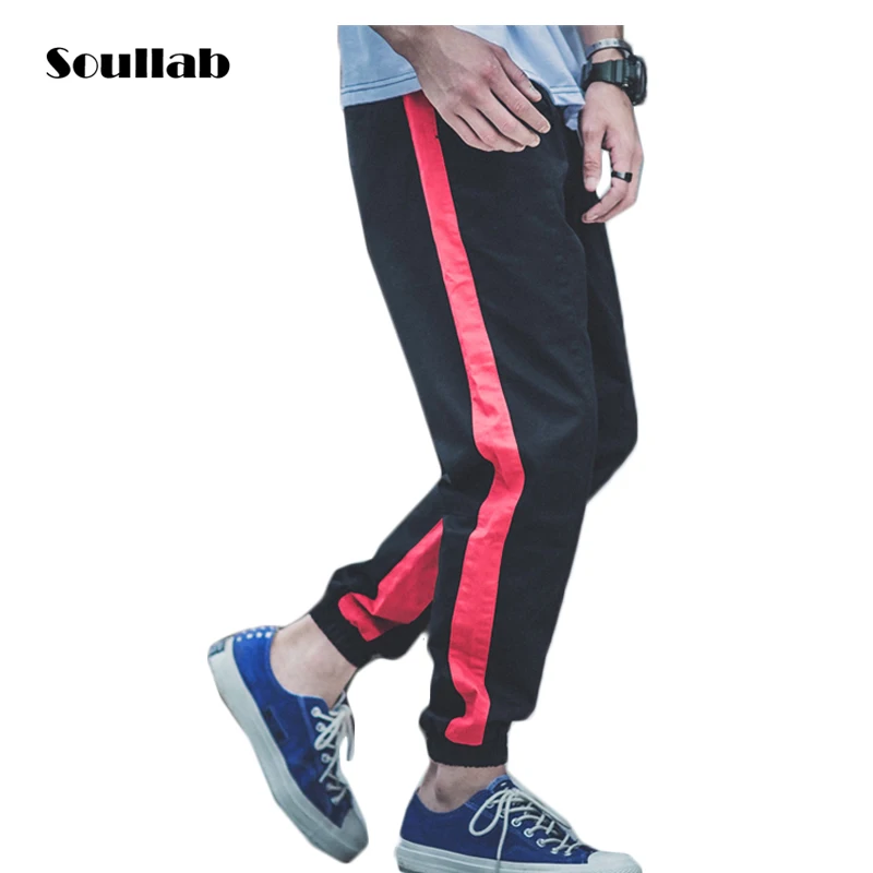 spring autumn men bottom breathable cotton jogger pants side stripe hip