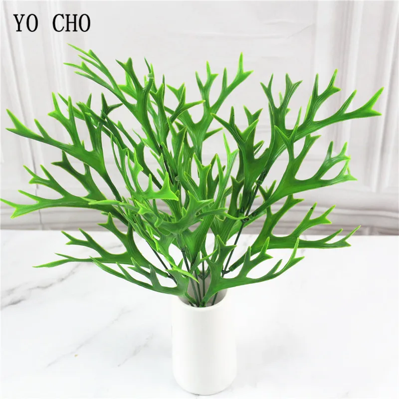 YO CHO 38cm Artificial Deer Horn Plants Plastic Greenery Wall Decoration Antler Leaf Grass Wedding Home Garden Decor Fake Plants